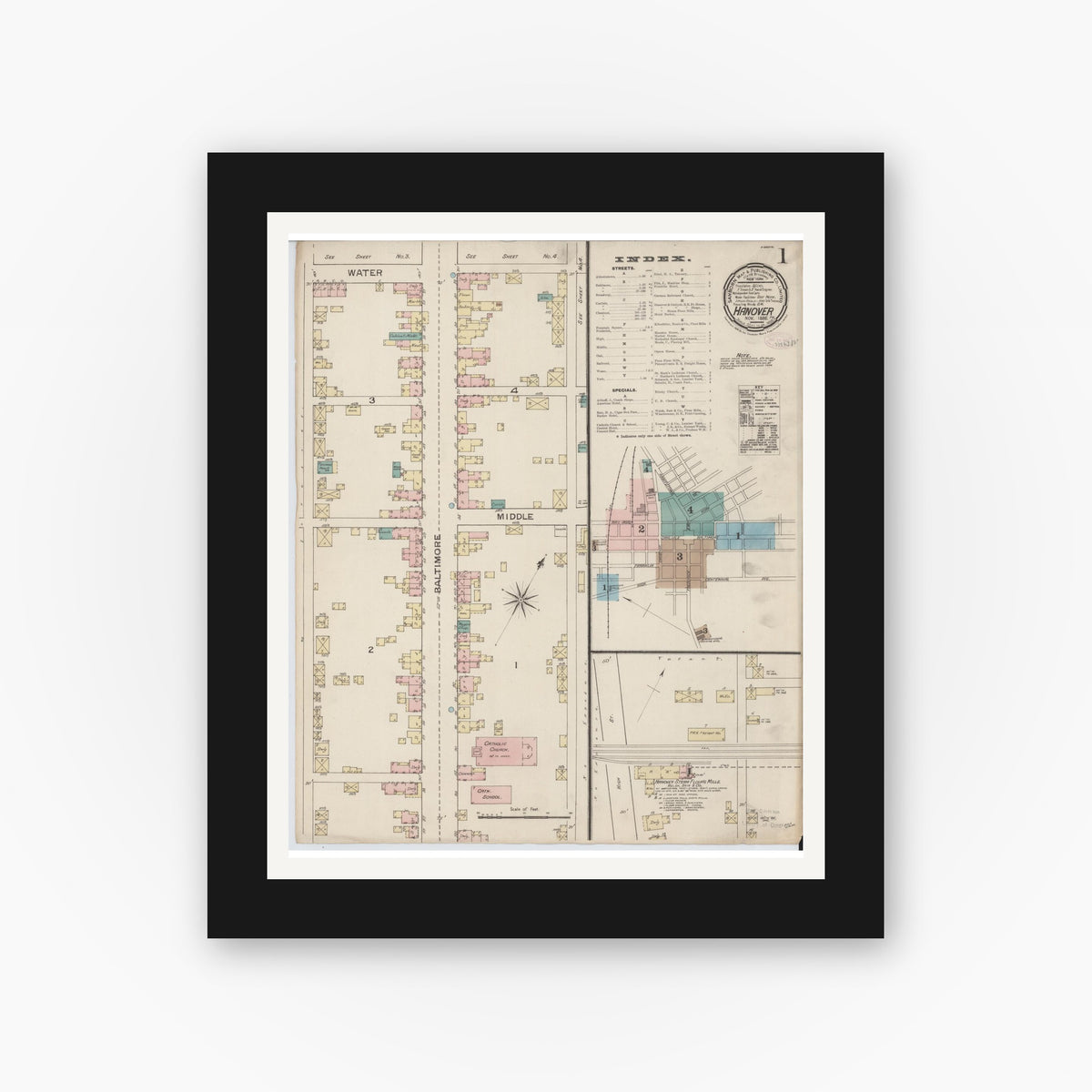 Old map wall art mockup — black gallery frame with white mat — Sanborn Fire Insurance Map from Hanover, York County, Pennsylvania (1886), Sheet #0001
