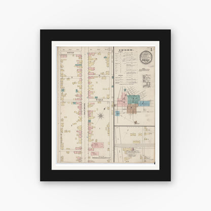 Old map wall art mockup — black gallery frame with white mat — Sanborn Fire Insurance Map from Hanover, York County, Pennsylvania (1886), Sheet #0001