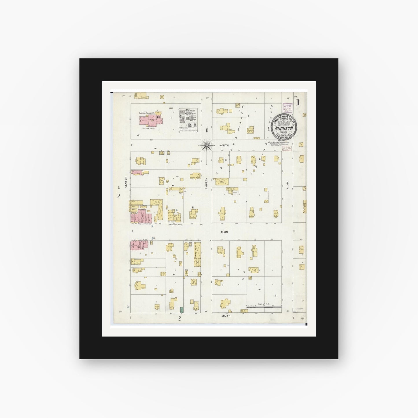 Old map wall art mockup — black gallery frame with white mat — Sanborn Fire Insurance Map from Augusta, Hancock County, Illinois (1906) - Complete Map Set