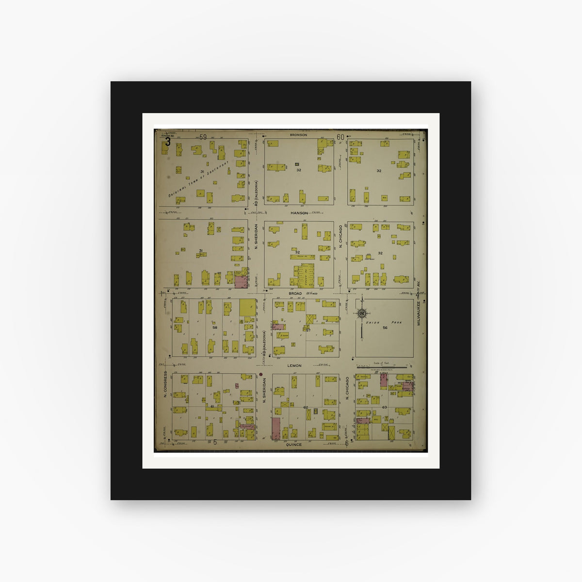 Old map wall art mockup — black gallery frame with white mat — Sanborn Fire Insurance Map from Kenosha, Kenosha County, Wisconsin. (1918), Sheet 7