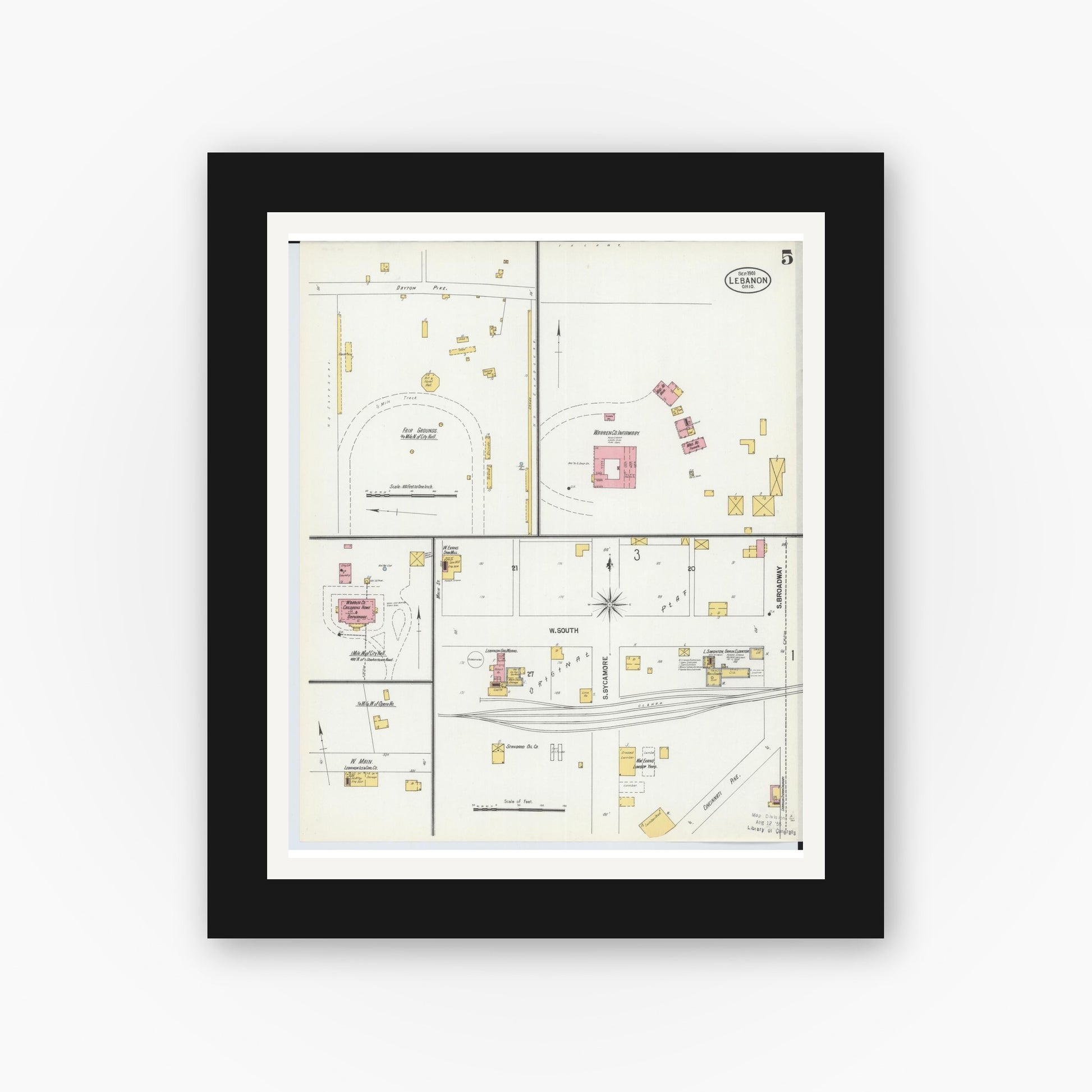 Old map wall art mockup — black gallery frame with white mat — Sanborn Fire Insurance Map from Lebanon, Warren County, Ohio (1901), Sheet #0005