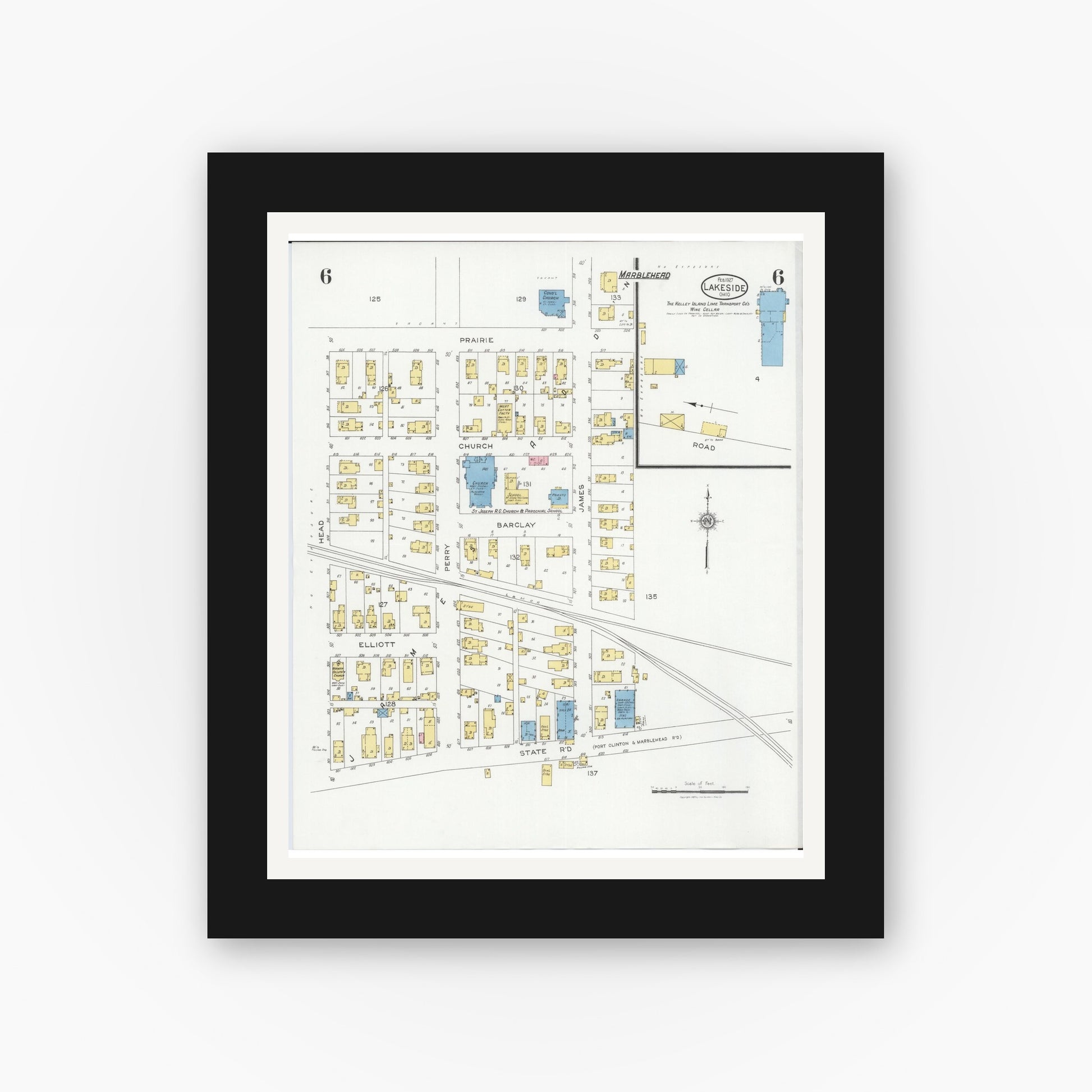 Old map wall art mockup — black gallery frame with white mat — Sanborn Fire Insurance Map from Lakeside, Ottawa County, Ohio (1927), Sheet #0006