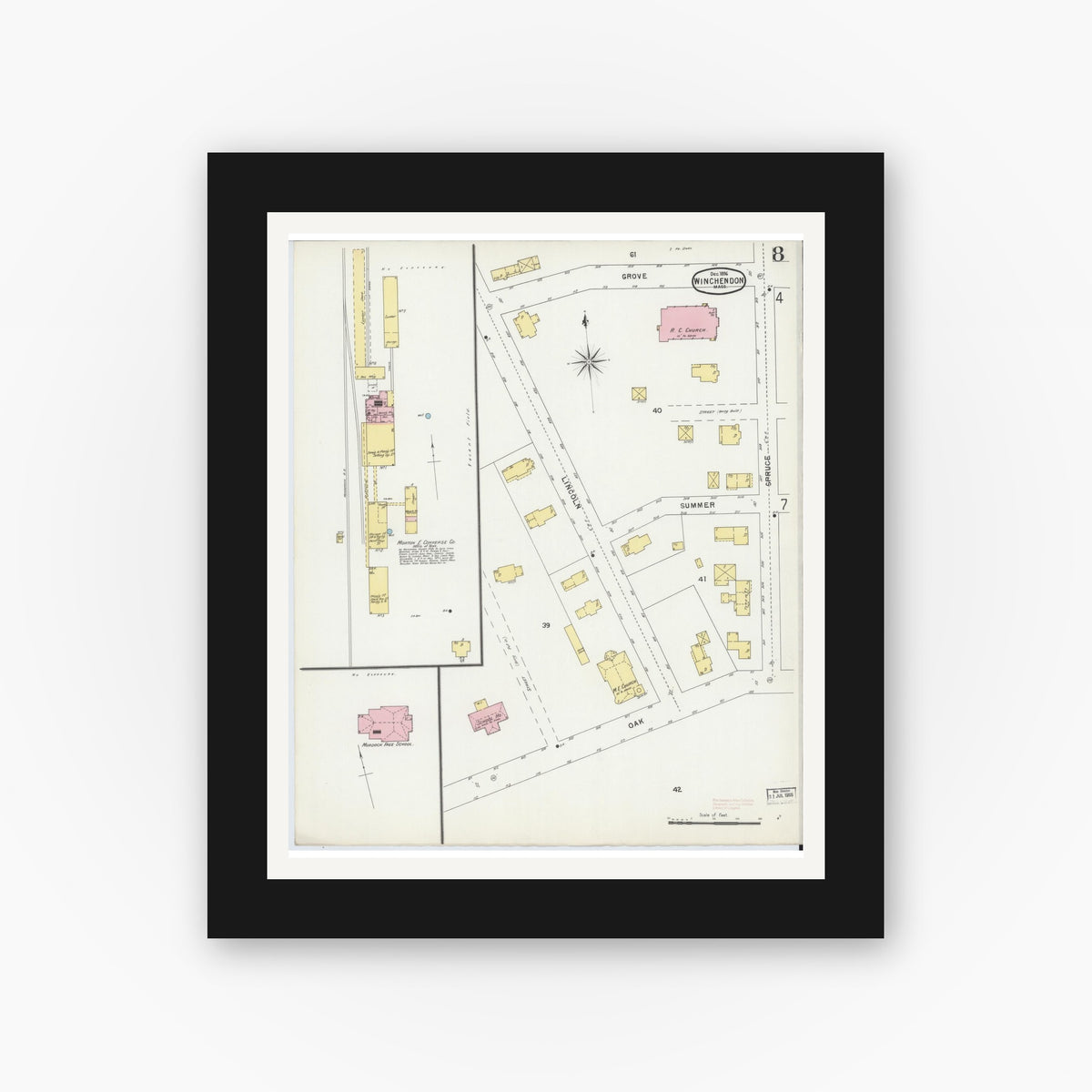 Old map wall art mockup — black gallery frame with white mat — Sanborn Fire Insurance Map from Winchendon, Worcester County, Massachusetts (1896), Sheet #0008