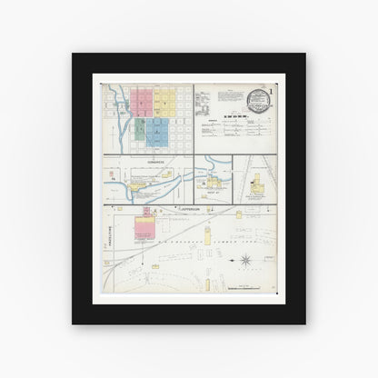 Old map wall art mockup — black gallery frame with white mat — Sanborn Fire Insurance Map from Richland Center, Richland County, Wisconsin (1892), Sheet #0001