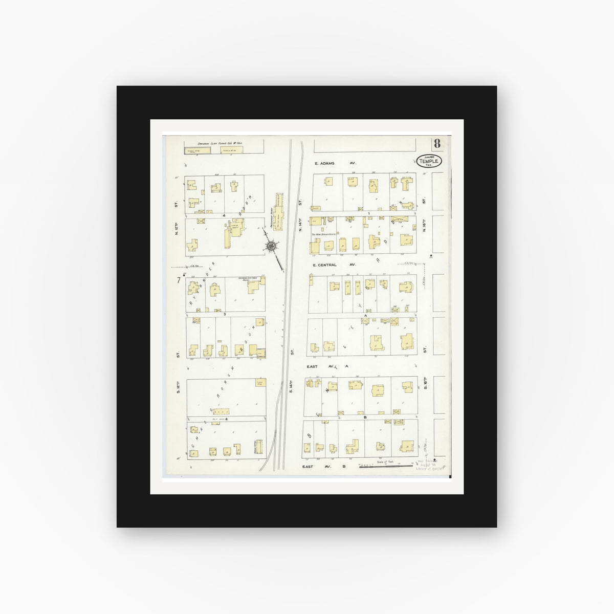 Old map wall art mockup — black gallery frame with white mat — Sanborn Fire Insurance Map from Temple, Bell County, Texas (1910), Sheet #0008