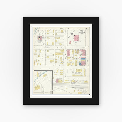 Old map wall art mockup — black gallery frame with white mat — Sanborn Fire Insurance Map from Worthington, Nobles County, Minnesota (1913), Sheet #0005