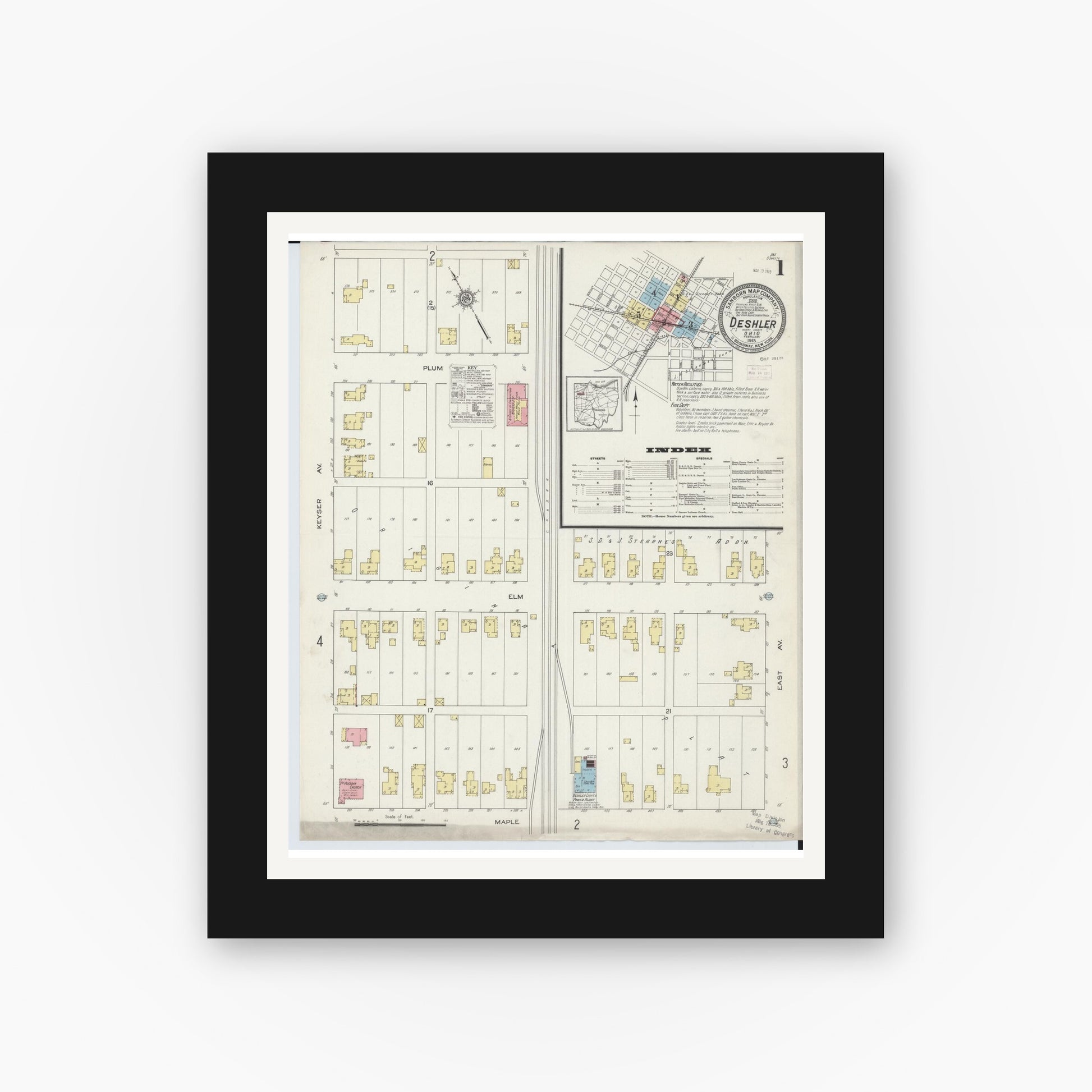 Old map wall art mockup — black gallery frame with white mat — Sanborn Fire Insurance Map from Deshler, Henry County, Ohio (1915) - Complete Map Set