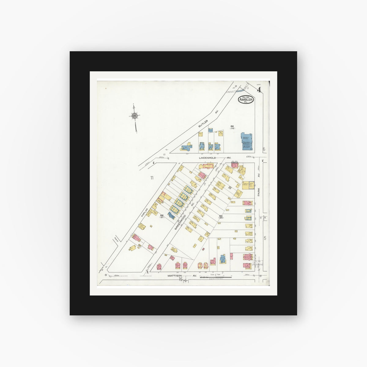 Old map wall art mockup — black gallery frame with white mat — Sanborn Fire Insurance Map from Ambler, Montgomery County, Pennsylvania (1921), Sheet #0004