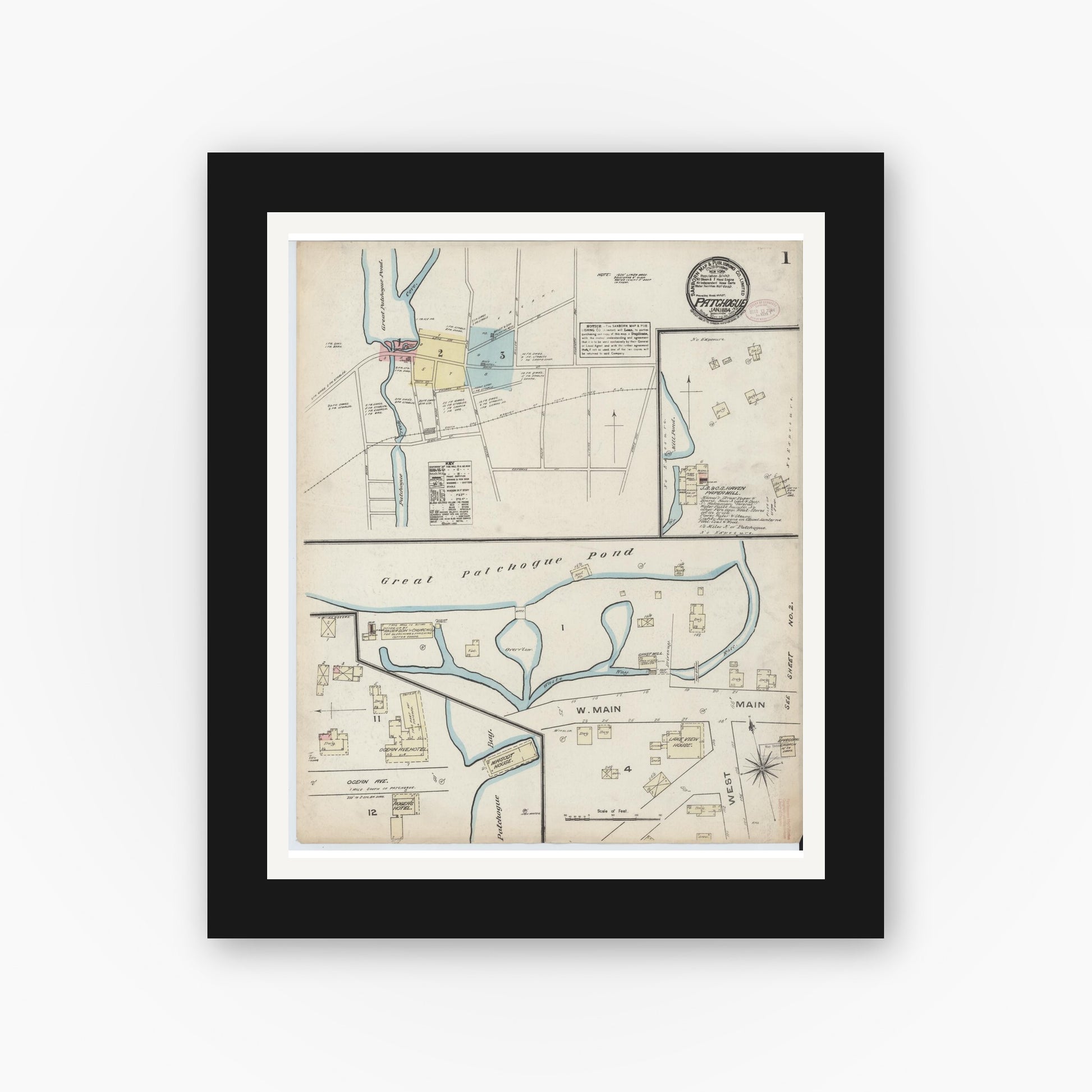 Old map wall art mockup — black gallery frame with white mat — Sanborn Fire Insurance Map from Patchogue, Suffolk County, New York (1884) - Complete Map Set
