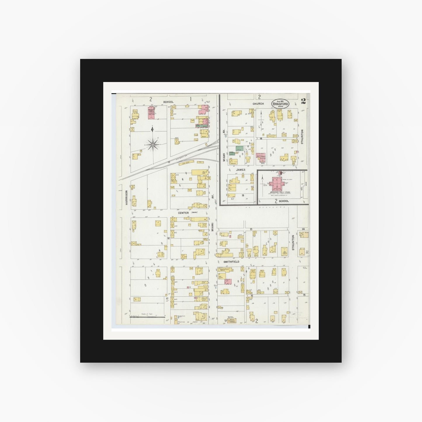 Old map wall art mockup — black gallery frame with white mat — Sanborn Fire Insurance Map from Bradford, Darke and Miami Counties, Ohio (1901), Sheet #0002