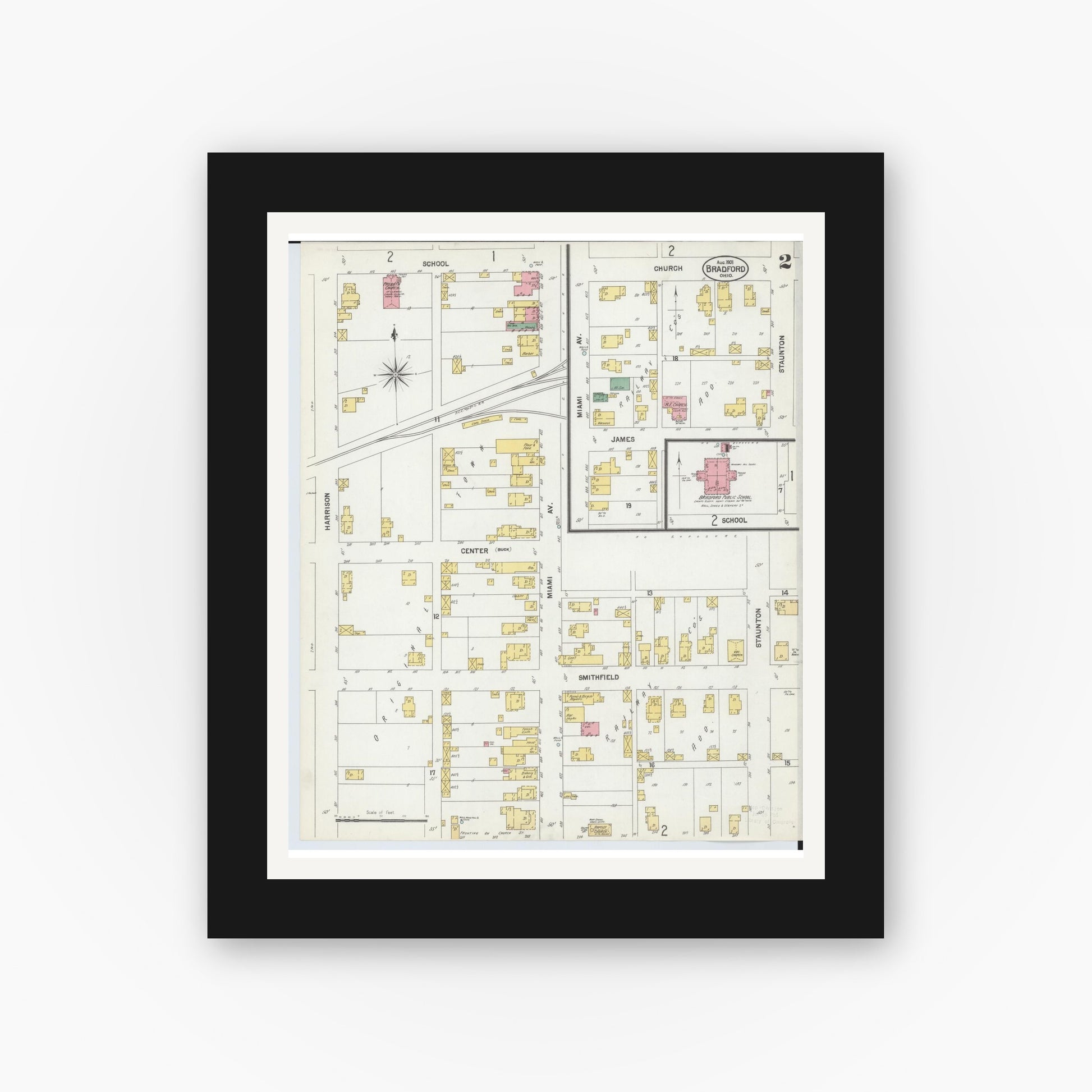 Old map wall art mockup — black gallery frame with white mat — Sanborn Fire Insurance Map from Bradford, Darke and Miami Counties, Ohio (1901), Sheet #0002