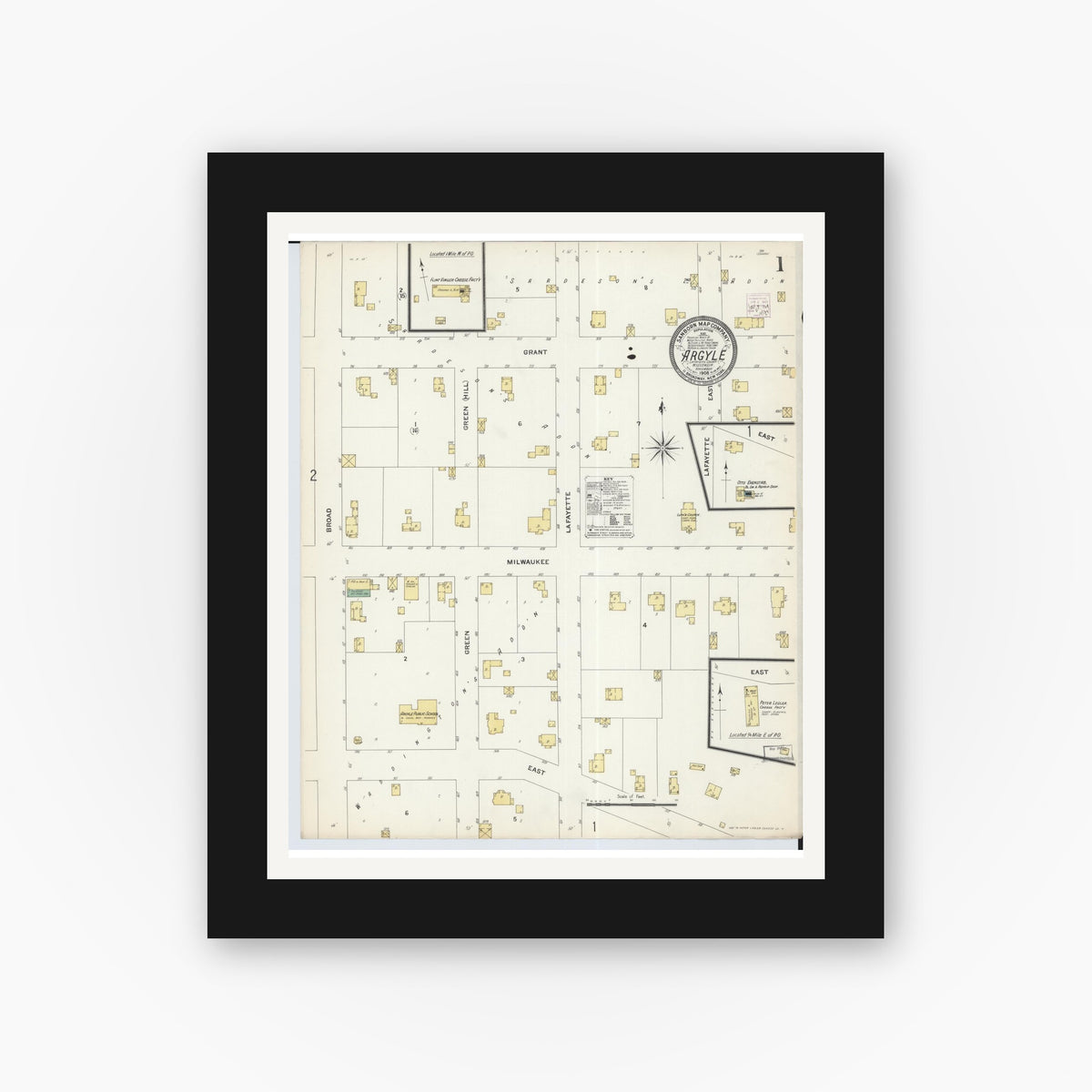 Old map wall art mockup — black gallery frame with white mat — Sanborn Fire Insurance Map from Argyle, Lafayette County, Wisconsin (1908), Sheet #0001