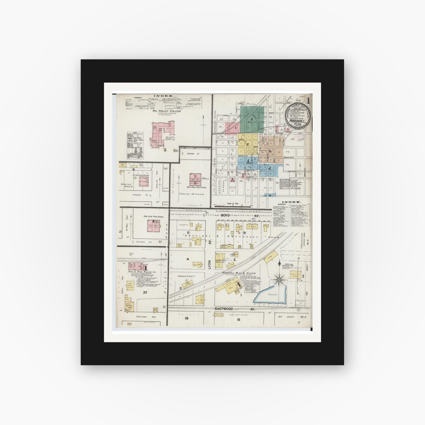 Old map wall art mockup — black gallery frame with white mat — Sanborn Fire Insurance Map from Marshall, Saline County, Missouri (1889) - Complete Map Set