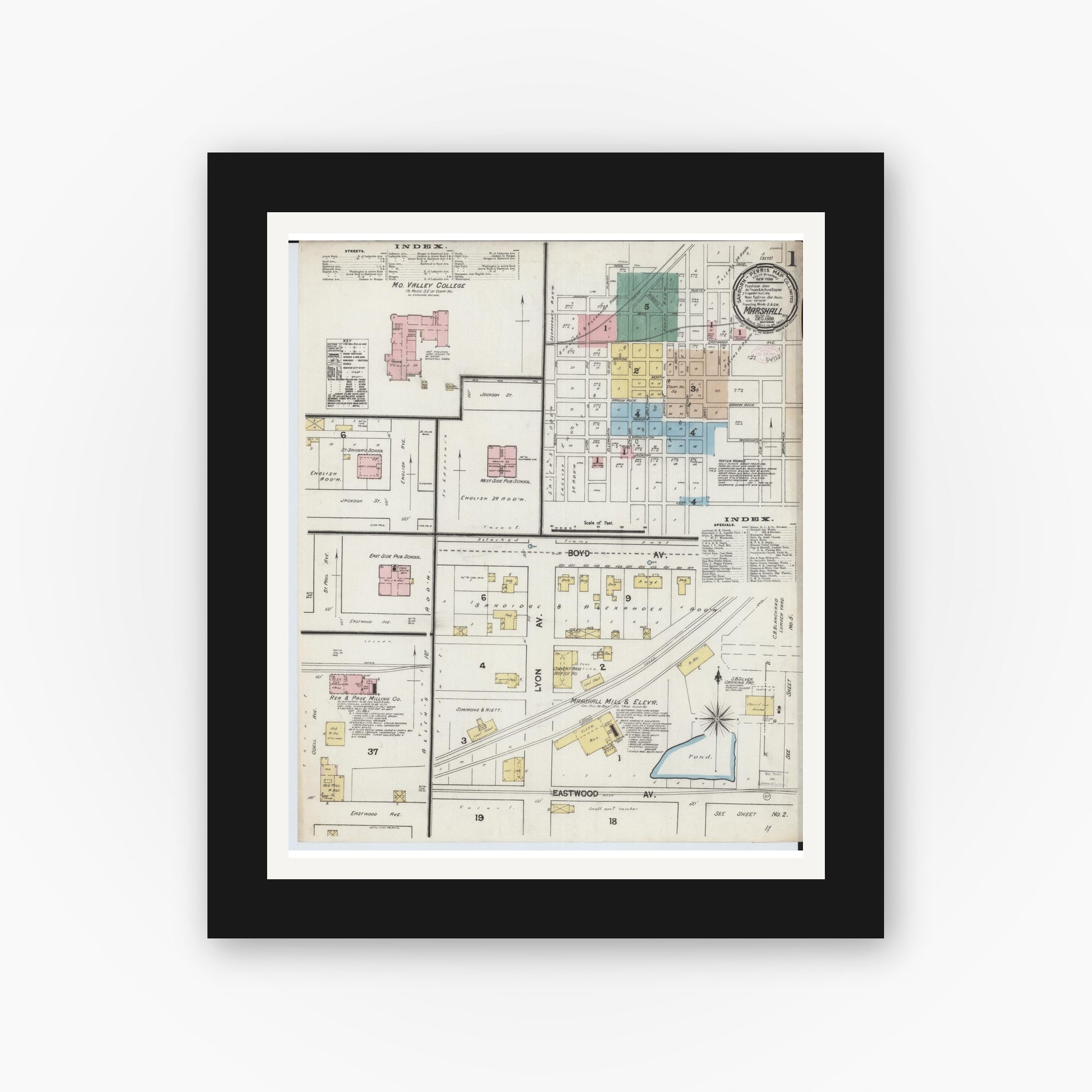 Old map wall art mockup — black gallery frame with white mat — Sanborn Fire Insurance Map from Marshall, Saline County, Missouri (1889) - Complete Map Set