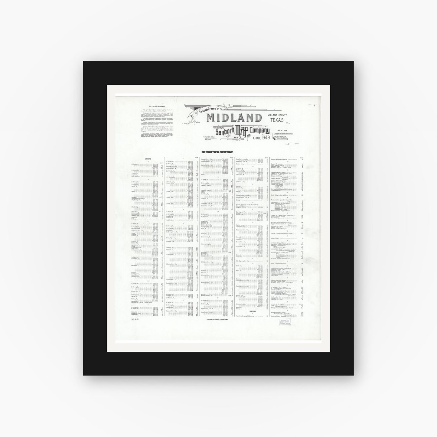 Old map wall art mockup — black gallery frame with white mat — Sanborn Fire Insurance Map from Midland, Midland County, Texas (1948), Sheet #0001