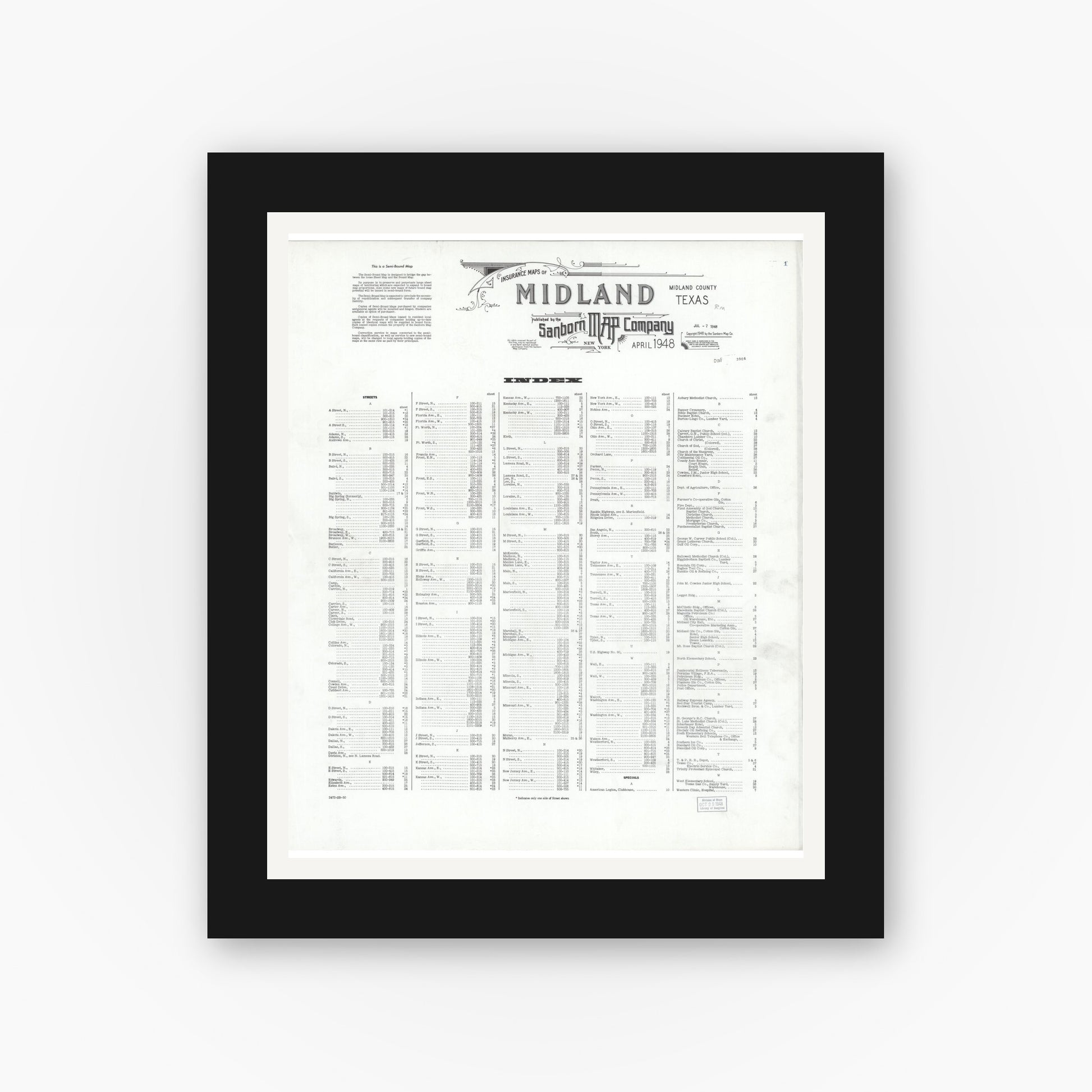 Old map wall art mockup — black gallery frame with white mat — Sanborn Fire Insurance Map from Midland, Midland County, Texas (1948), Sheet #0001