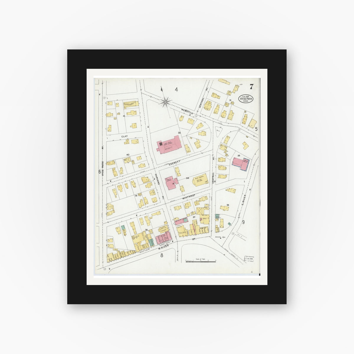 Old map wall art mockup — black gallery frame with white mat — Sanborn Fire Insurance Map from Hyde Park, Norfolk County, Massachusetts (1905), Sheet #0007
