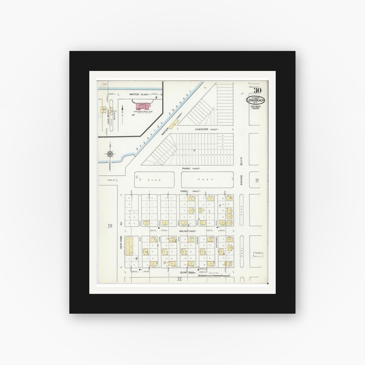 Old map wall art mockup — black gallery frame with white mat — Sanborn Fire Insurance Map from Long Beach, Nassau County, New York (1914), Sheet #0030