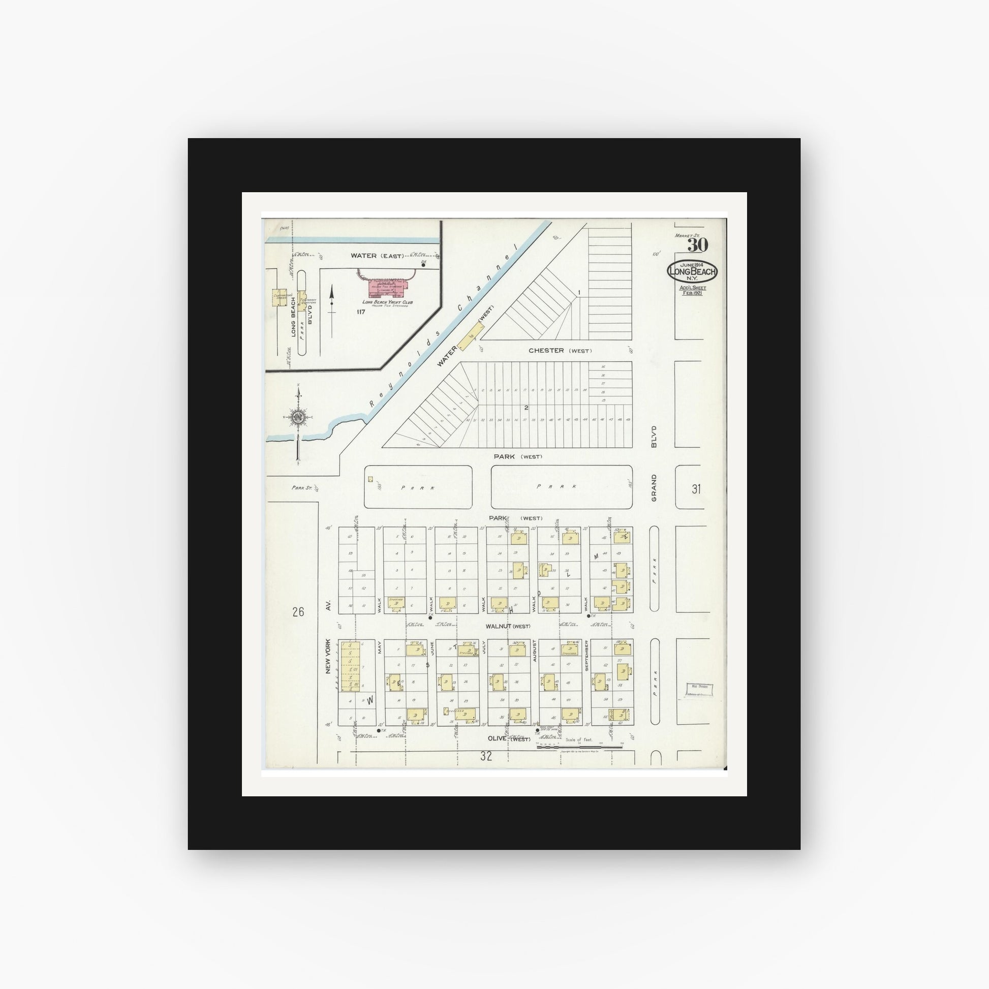 Old map wall art mockup — black gallery frame with white mat — Sanborn Fire Insurance Map from Long Beach, Nassau County, New York (1914), Sheet #0030