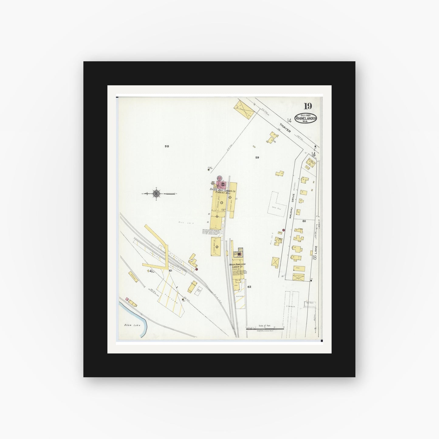 Old map wall art mockup — black gallery frame with white mat — Sanborn Fire Insurance Map from Rhinelander, Oneida County, Wisconsin (1920), Sheet #0019