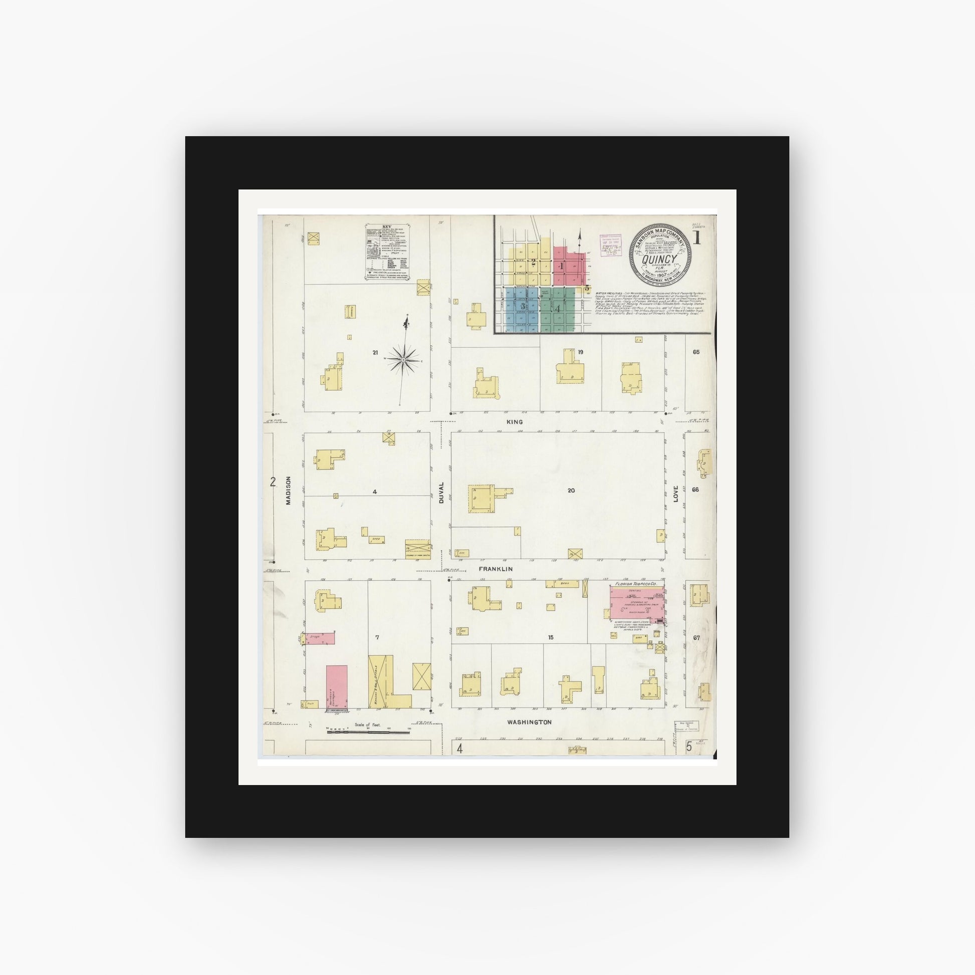 Old map wall art mockup — black gallery frame with white mat — Sanborn Fire Insurance Map from Quincy, Gadsden County, Florida (1907) - Complete Map Set