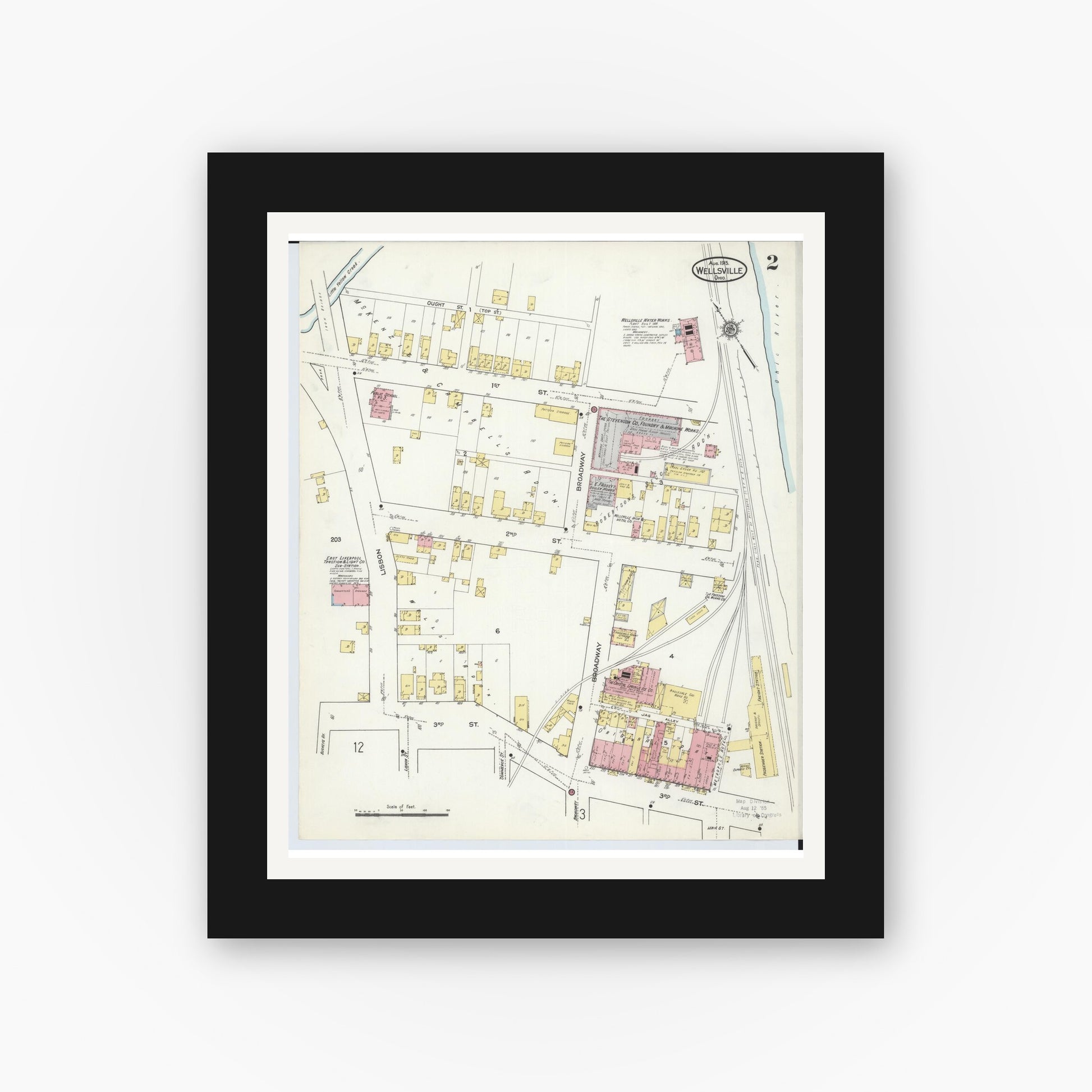 Old map wall art mockup — black gallery frame with white mat — Sanborn Fire Insurance Map from Wellsville, Columbiana County, Ohio (1915), Sheet #0002
