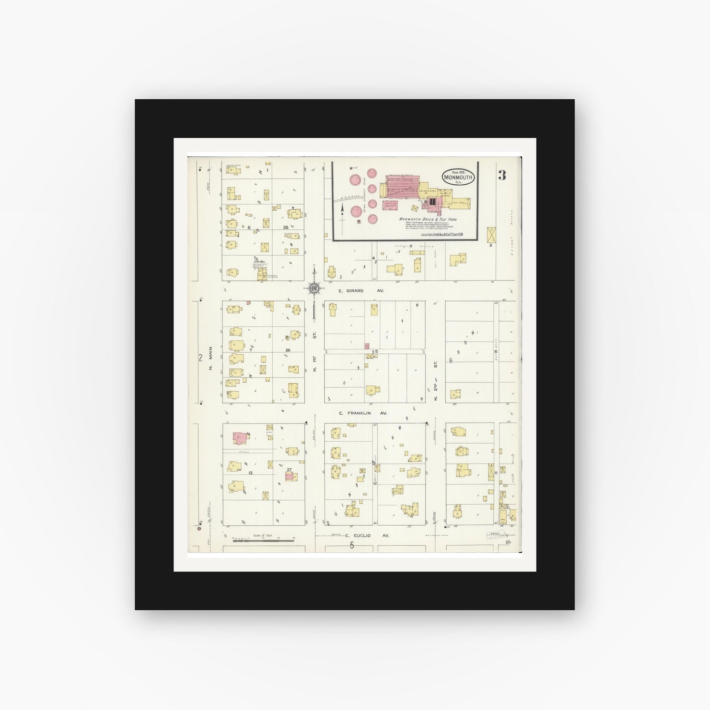 Old map wall art mockup — black gallery frame with white mat — Sanborn Fire Insurance Map from Monmouth, Warren County, Illinois (1913), Sheet #0003