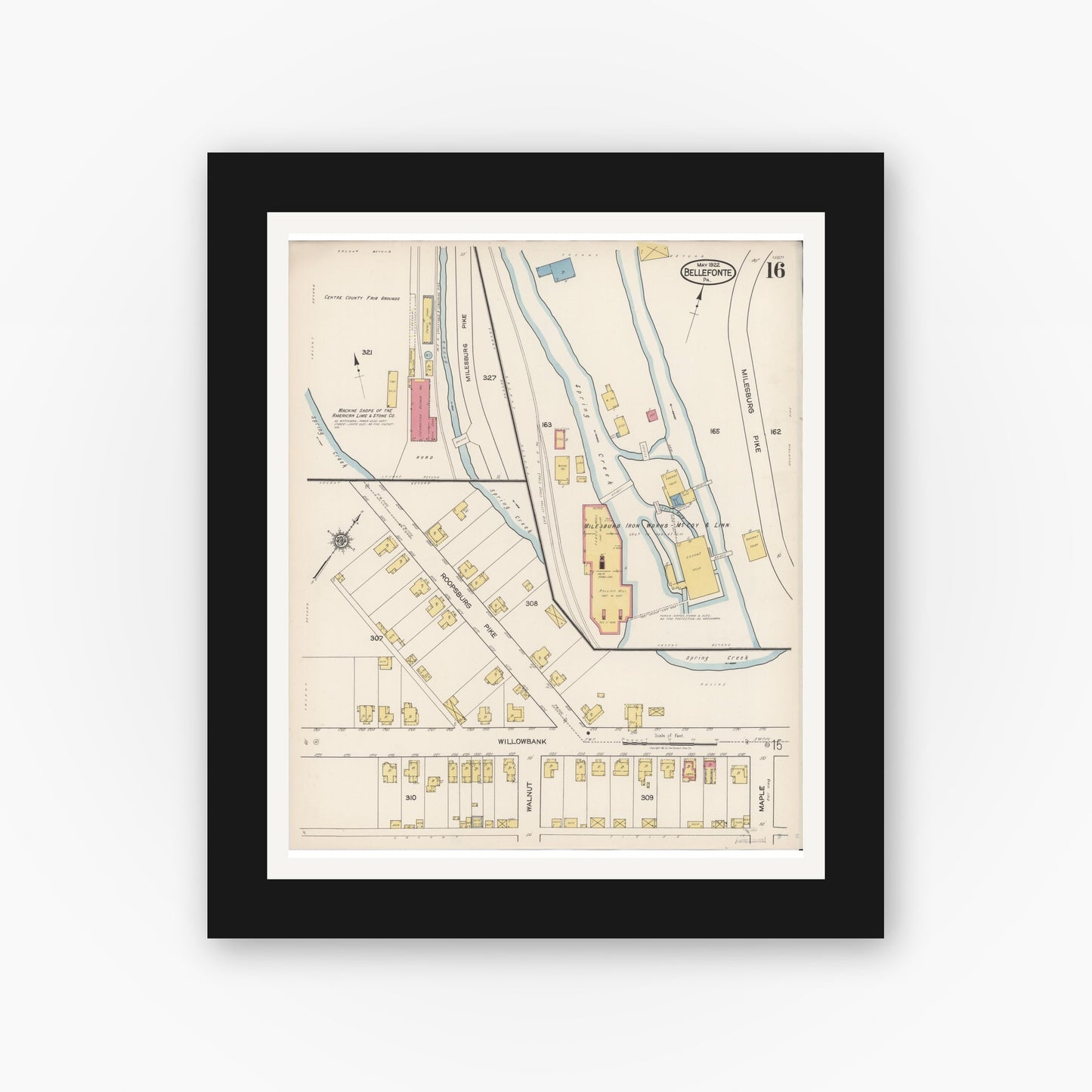 Old map wall art mockup — black gallery frame with white mat — Sanborn Fire Insurance Map from Bellefonte, Centre County, Pennsylvania (1922), Sheet #0016