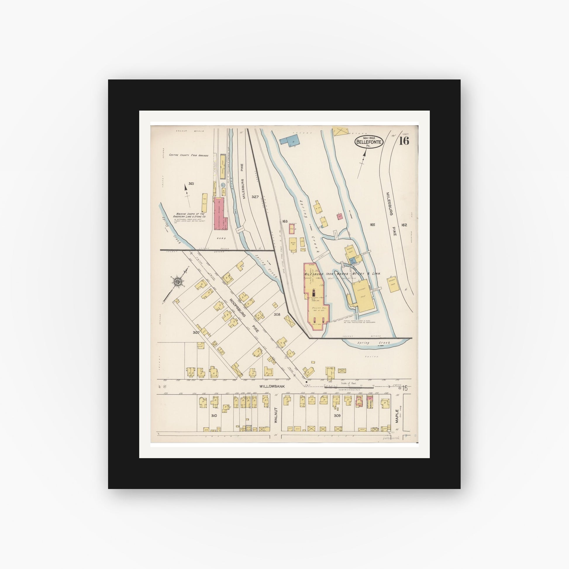 Old map wall art mockup — black gallery frame with white mat — Sanborn Fire Insurance Map from Bellefonte, Centre County, Pennsylvania (1922), Sheet #0016