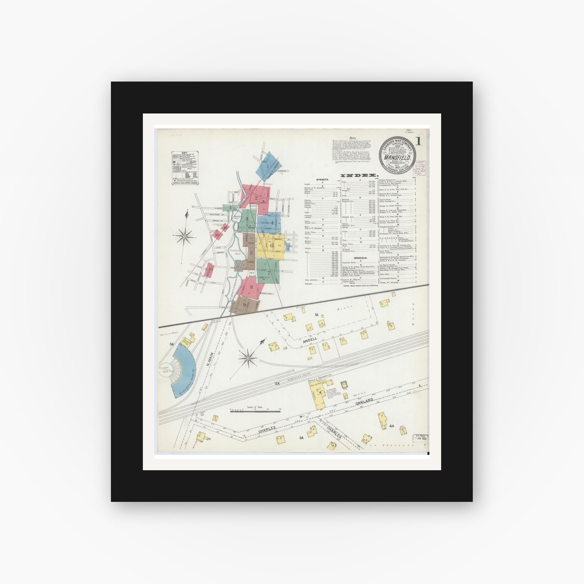 Old map wall art mockup — black gallery frame with white mat — Sanborn Fire Insurance Map from Mansfield, Bristol County, Massachusetts (1903) - Complete Map Set