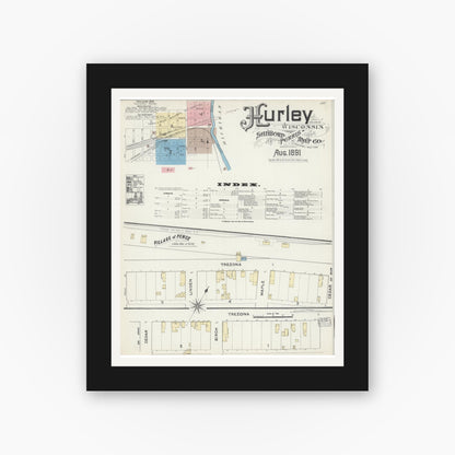 Old map wall art mockup — black gallery frame with white mat — Sanborn Fire Insurance Map from Hurley, Iron County, Wisconsin (1891) - Complete Map Set