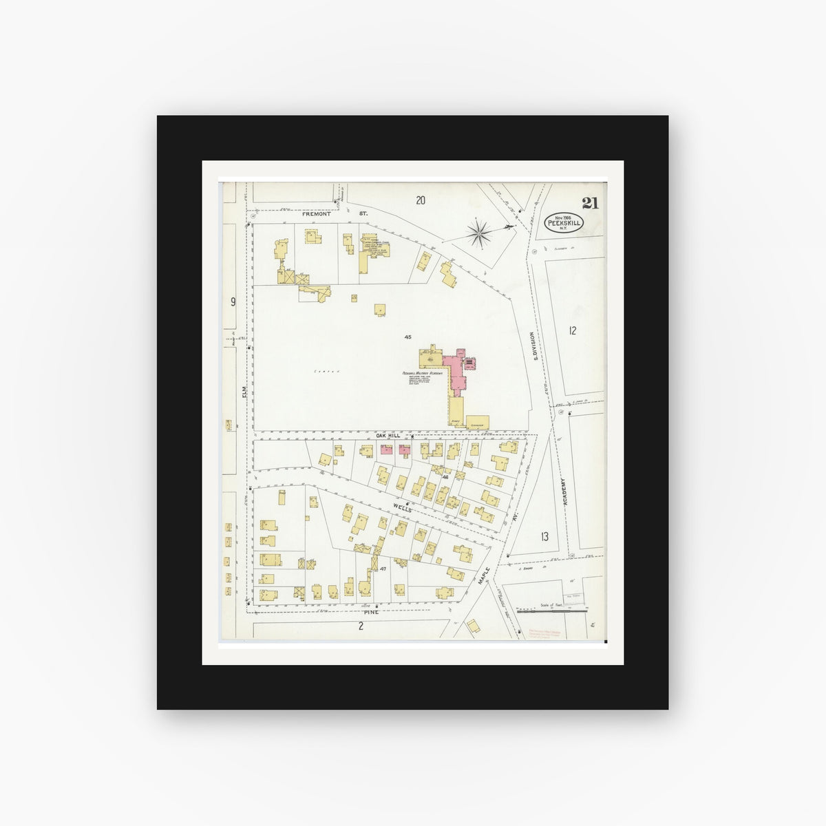 Old map wall art mockup — black gallery frame with white mat — Sanborn Fire Insurance Map from Peekskill, Westchester County, New York (1905), Sheet #0021