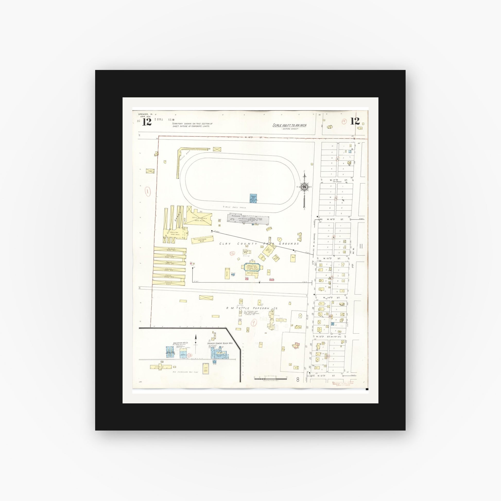 Old map wall art mockup — black gallery frame with white mat — Sanborn Fire Insurance Map from Spencer, Clay County, Iowa (1946), Sheet #0012