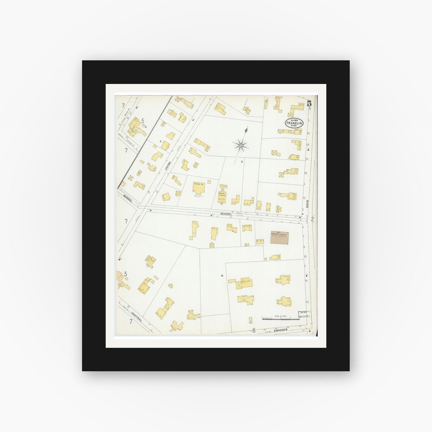 Old map wall art mockup — black gallery frame with white mat — Sanborn Fire Insurance Map from Franklin, Norfolk County, Massachusetts (1904), Sheet #0005