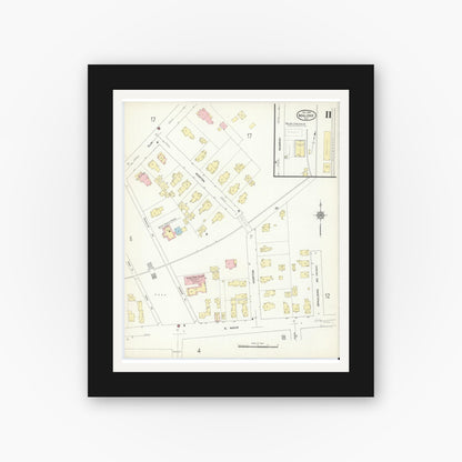 Old map wall art mockup — black gallery frame with white mat — Sanborn Fire Insurance Map from Malone, Franklin County, New York (1914), Sheet #0011