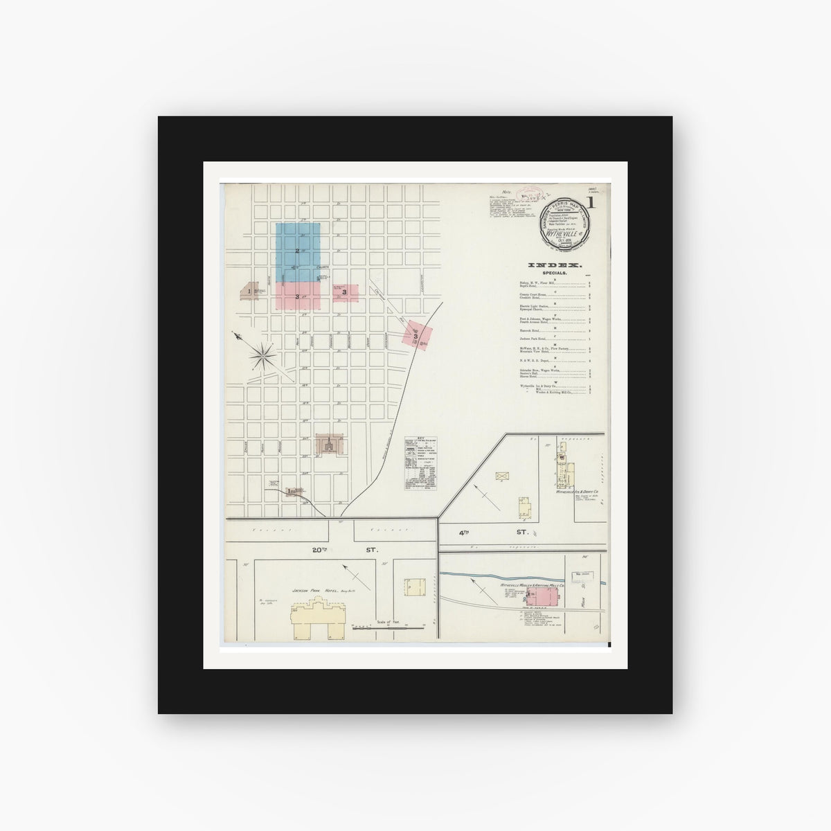 Old map wall art mockup — black gallery frame with white mat — Sanborn Fire Insurance Map from Wytheville, Wythe County, Virginia (1891) - Complete Map Set