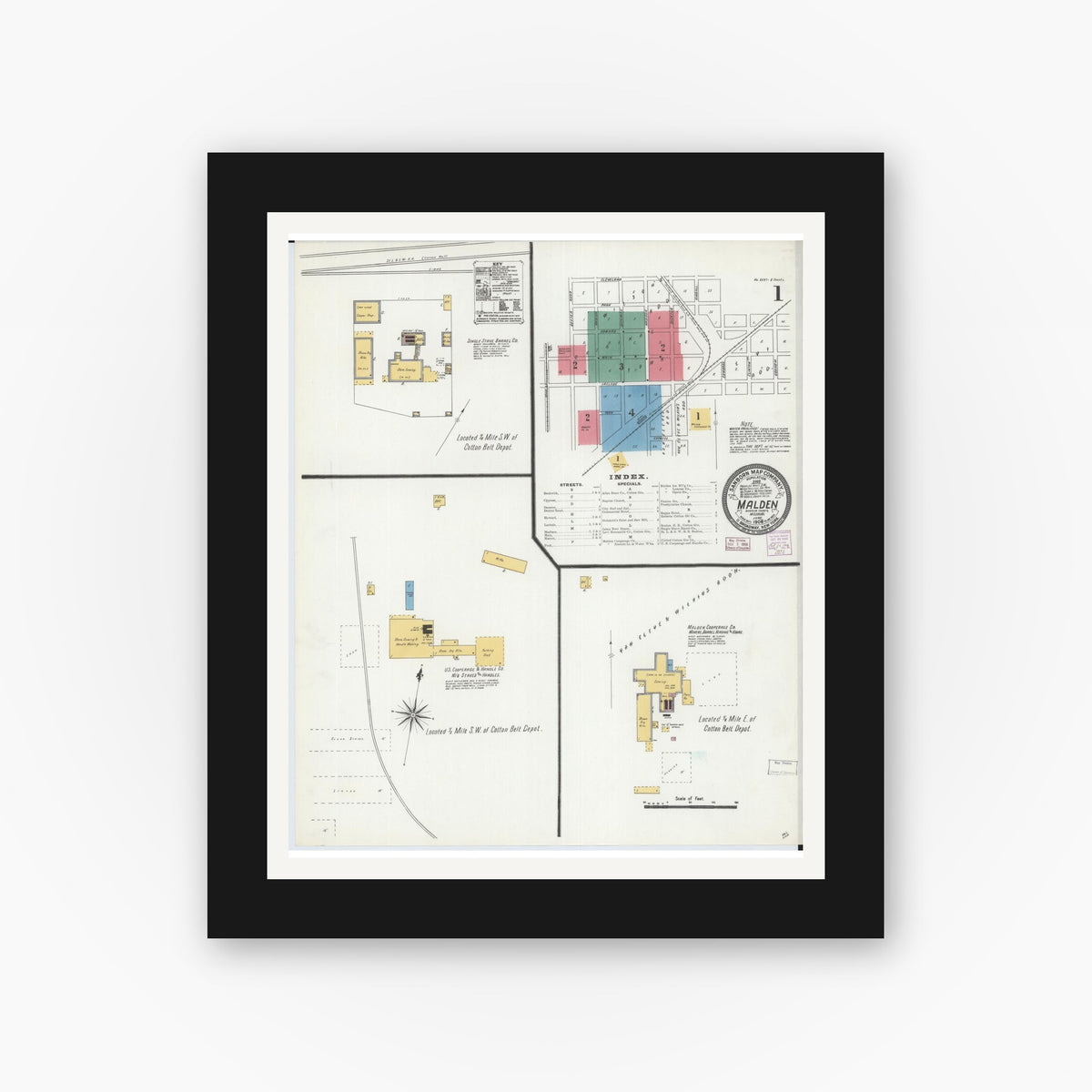 Old map wall art mockup — black gallery frame with white mat — Sanborn Fire Insurance Map from Malden, Dunklin County, Missouri (1906) - Complete Map Set