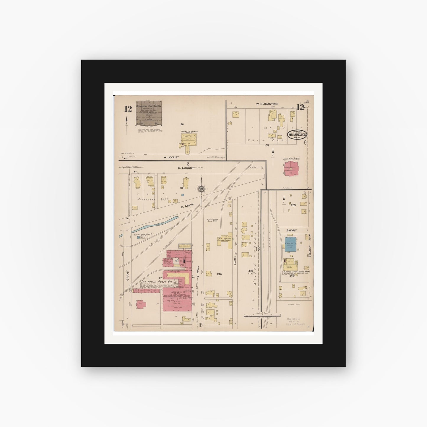 Old map wall art mockup — black gallery frame with white mat — Sanborn Fire Insurance Map from Wilmington, Clinton County, Ohio (1922), Sheet #0012
