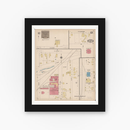 Old map wall art mockup — black gallery frame with white mat — Sanborn Fire Insurance Map from Wilmington, Clinton County, Ohio (1922), Sheet #0012