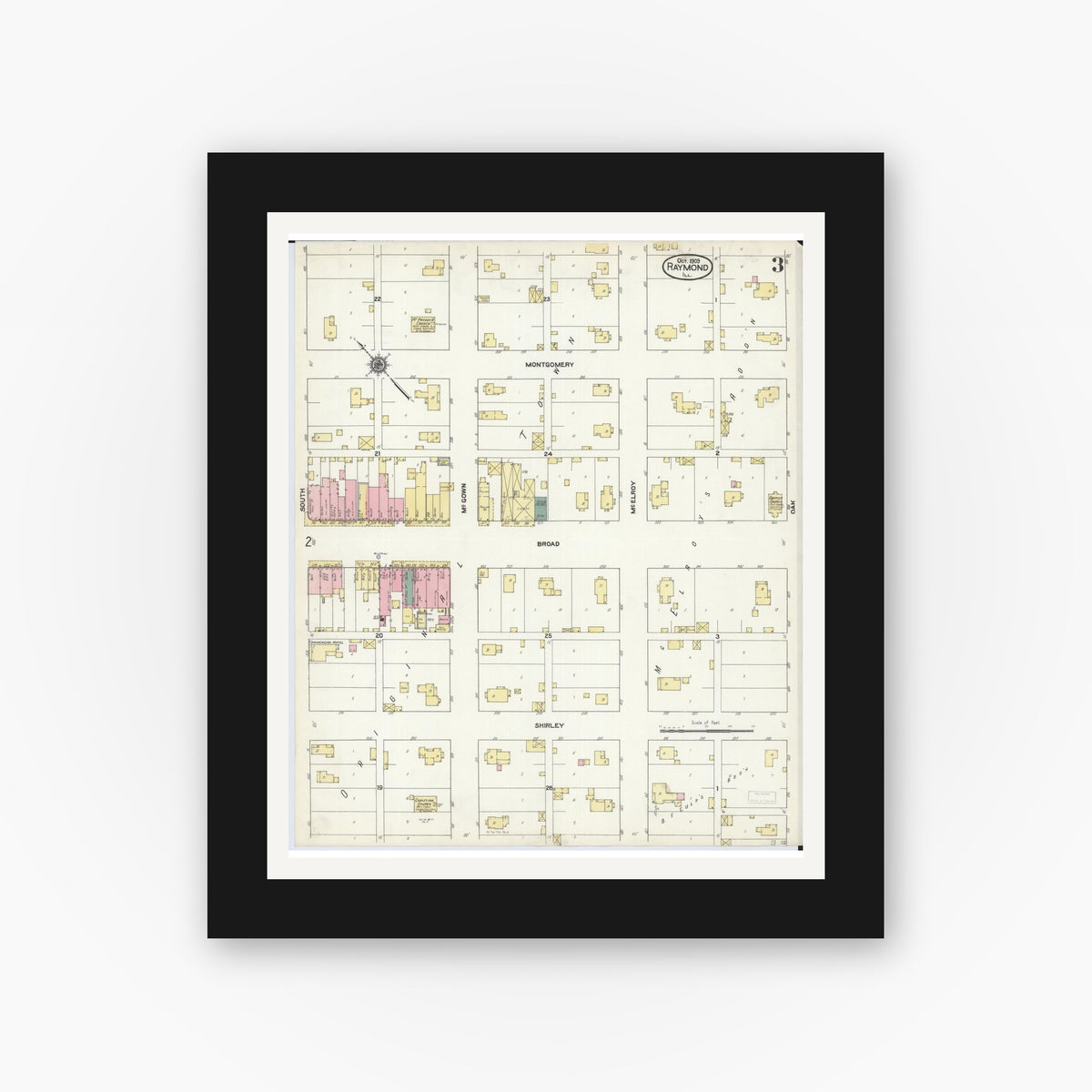 Old map wall art mockup — black gallery frame with white mat — Sanborn Fire Insurance Map from Raymond, Montgomery County, Illinois (1909), Sheet #0003