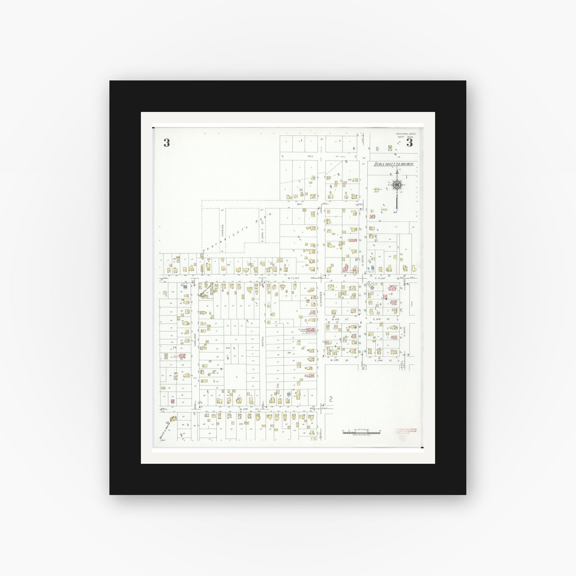 Old map wall art mockup — black gallery frame with white mat — Sanborn Fire Insurance Map from Davison, Genesee County, Michigan (1939), Sheet #0003
