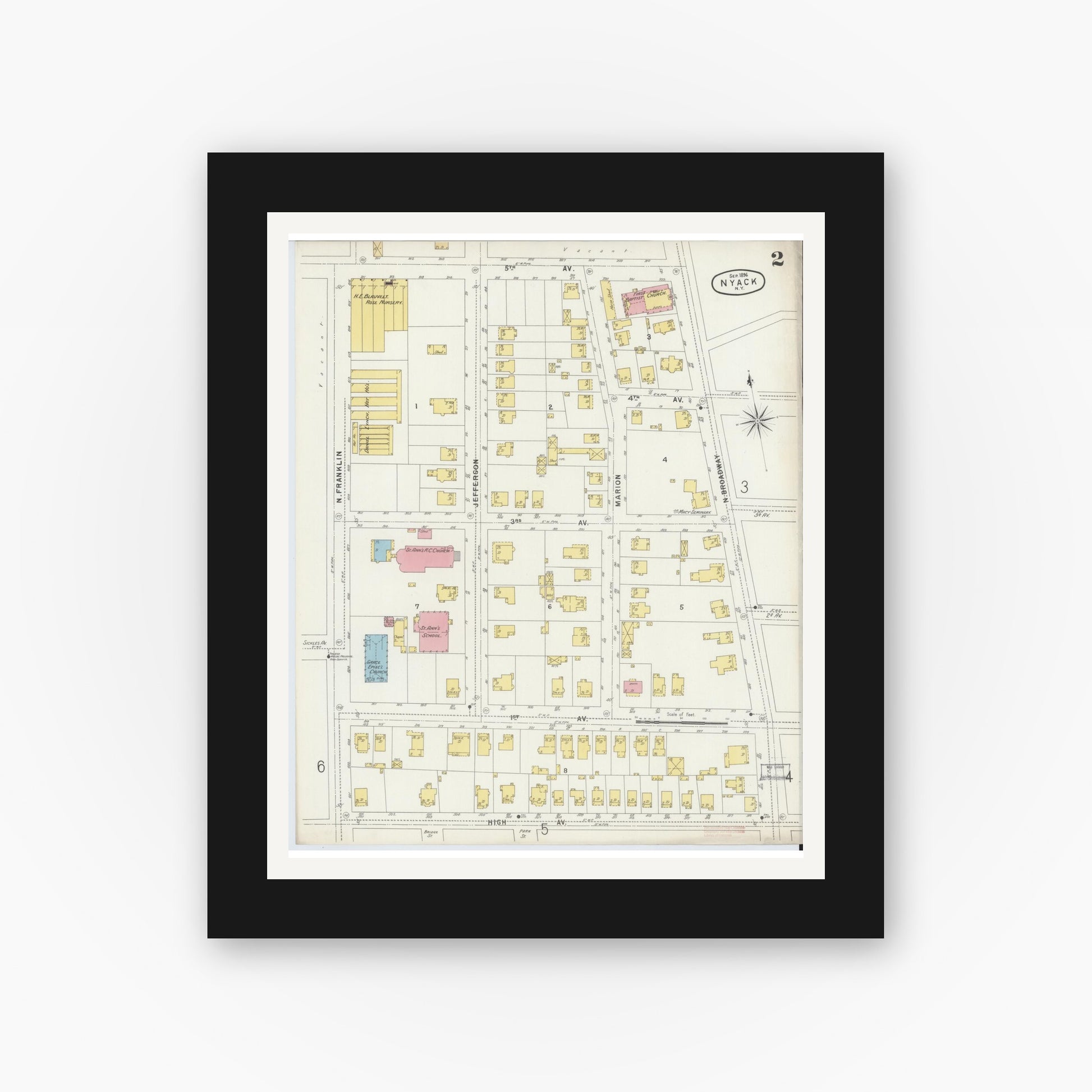 Old map wall art mockup — black gallery frame with white mat — Sanborn Fire Insurance Map from Nyack, Rockland County, New York. (1896), Sheet #0002