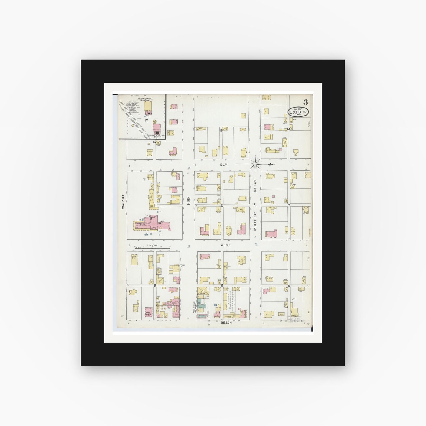 Old map wall art mockup — black gallery frame with white mat — Sanborn Fire Insurance Map from Oxford, Butler County, Ohio (1892), Sheet #0003