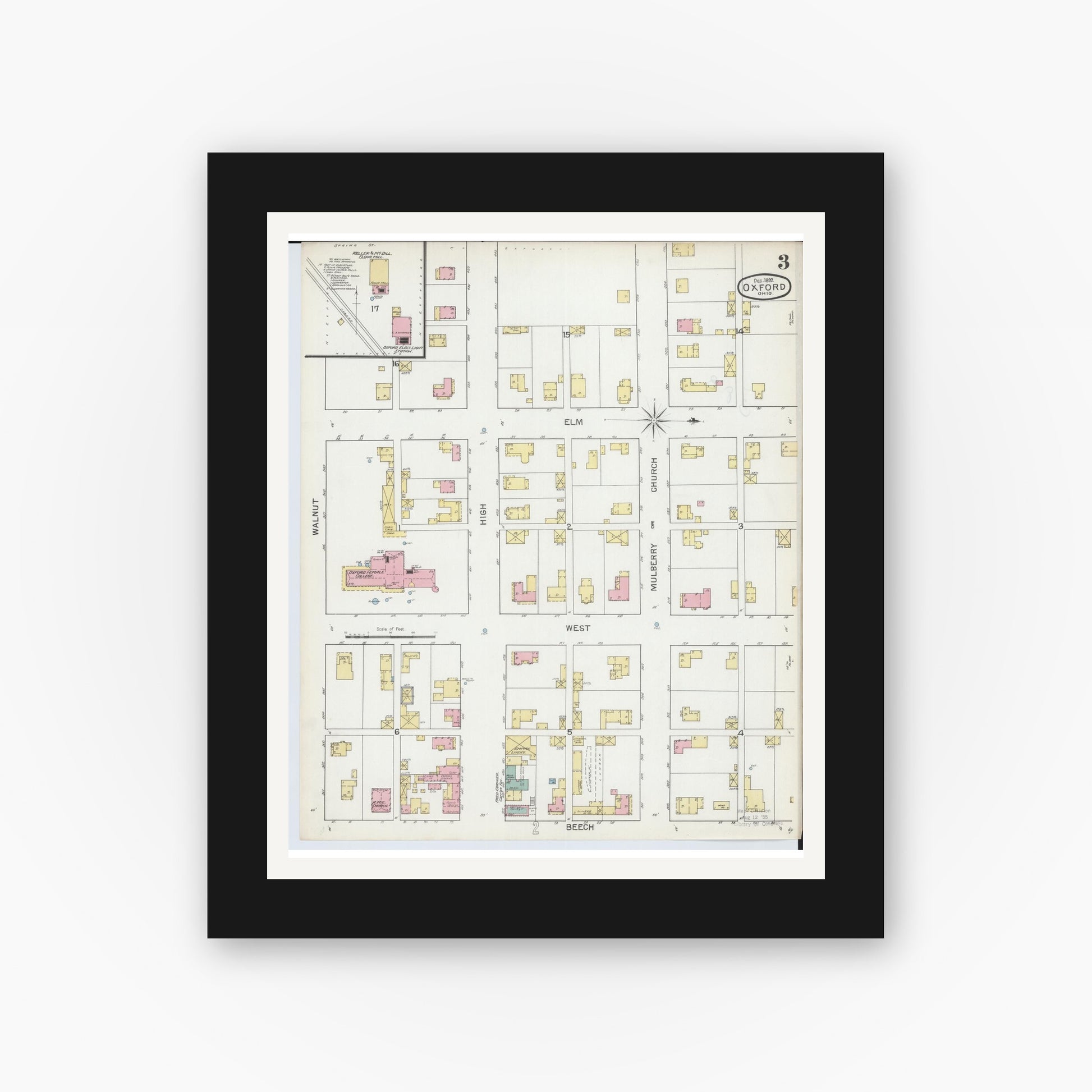 Old map wall art mockup — black gallery frame with white mat — Sanborn Fire Insurance Map from Oxford, Butler County, Ohio (1892), Sheet #0003