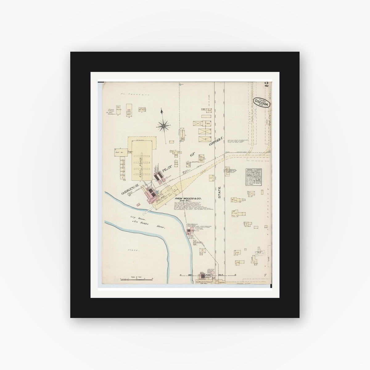 Old map wall art mockup — black gallery frame with white mat — Sanborn Fire Insurance Map from Oscoda, Iosco County, Michigan (1884), Sheet #0002