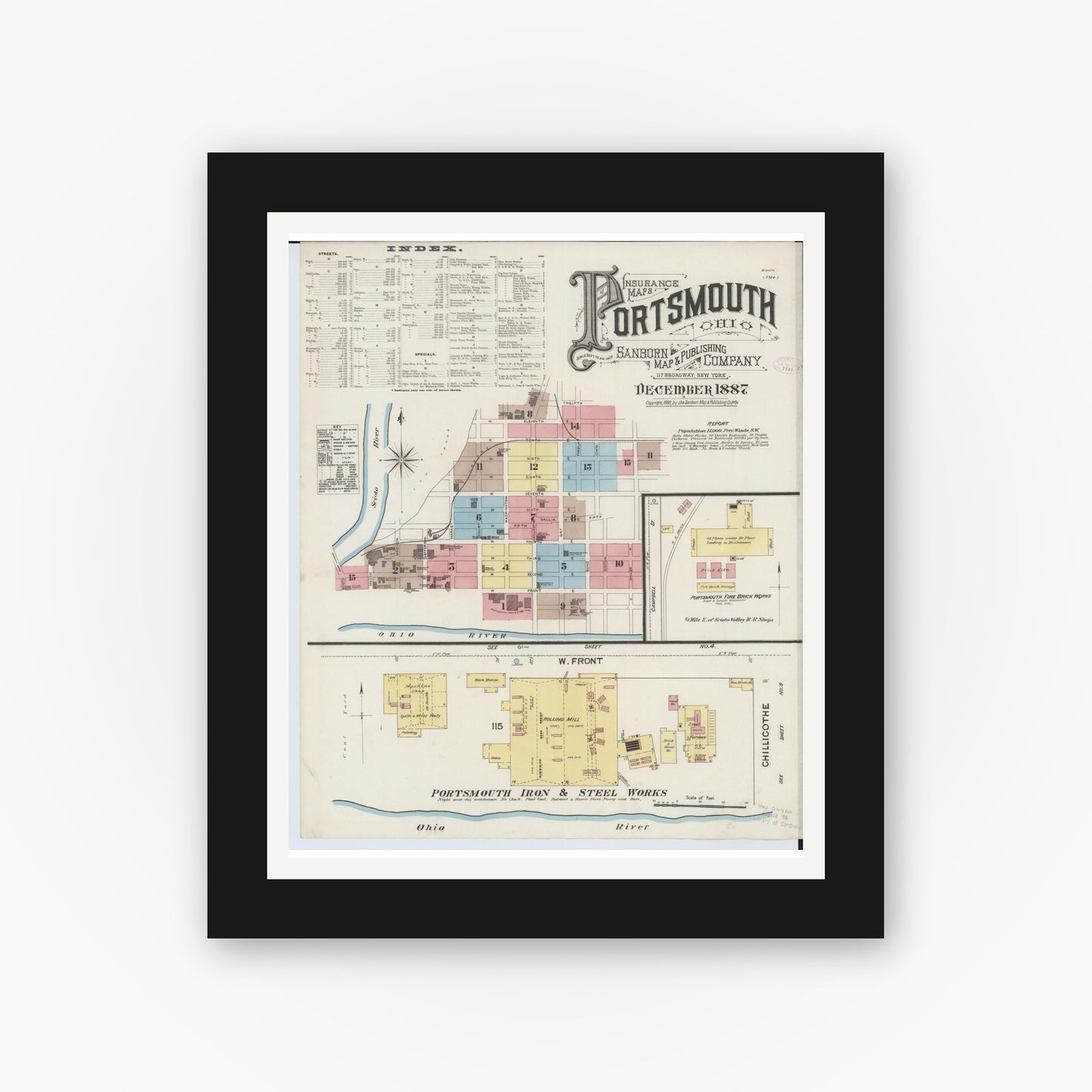 Old map wall art mockup — black gallery frame with white mat — Sanborn Fire Insurance Map from Portsmouth, Scioto County, Ohio (1887), Sheet #0001