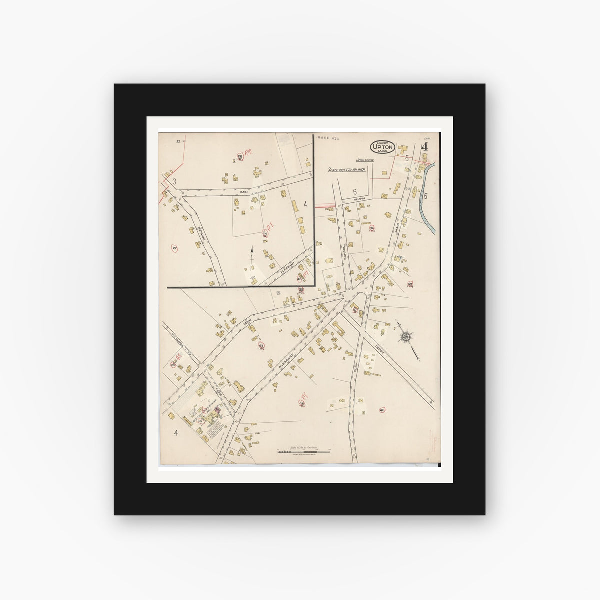 Old map wall art mockup — black gallery frame with white mat — Sanborn Fire Insurance Map from Upton, Worcester County, Massachusetts (1945), Sheet #0004