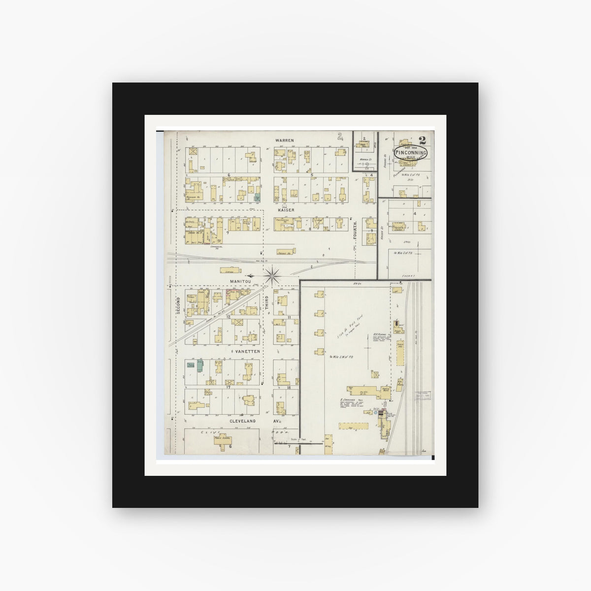 Old map wall art mockup — black gallery frame with white mat — Sanborn Fire Insurance Map from Pinconning, Bay County, Michigan (1894), Sheet #0002
