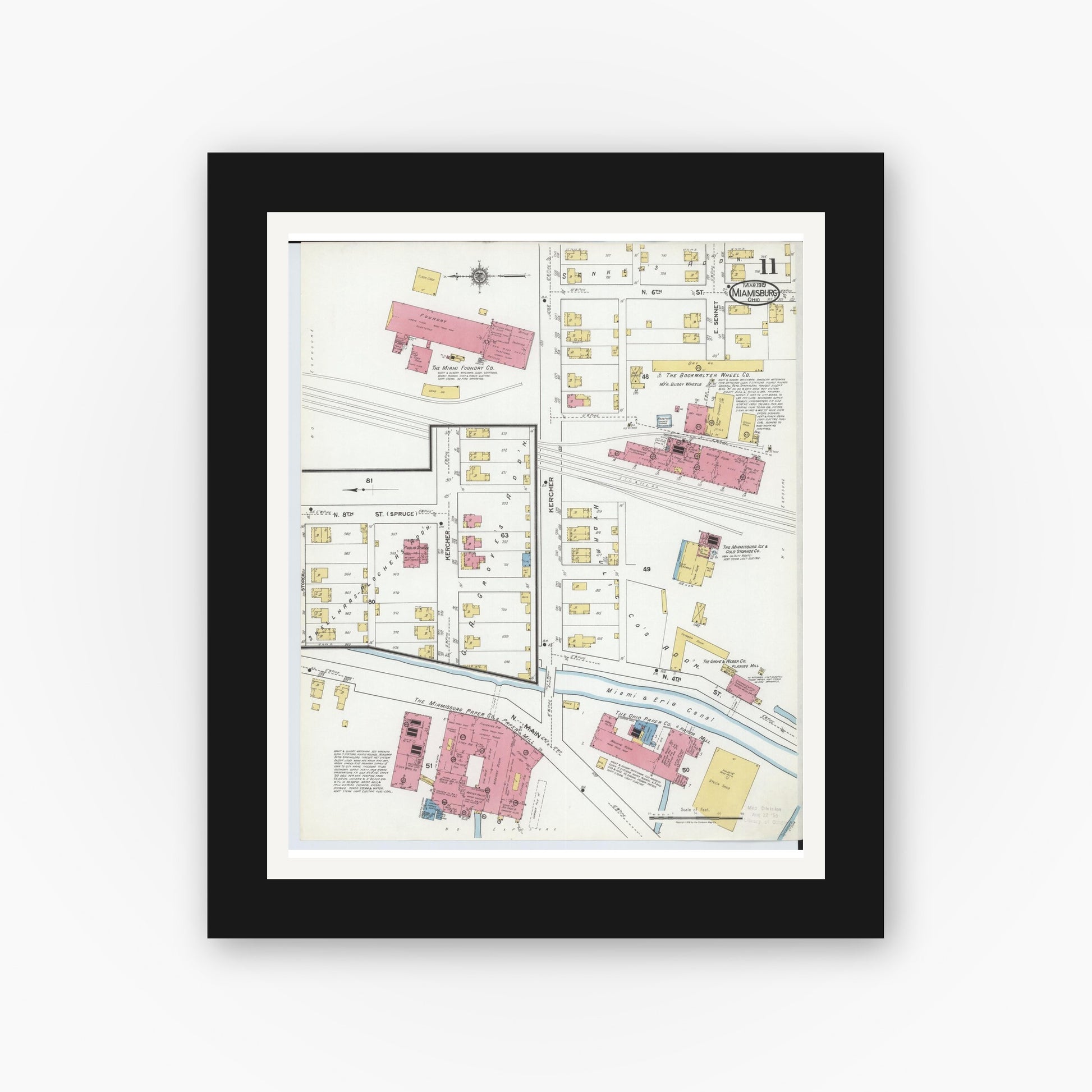 Old map wall art mockup — black gallery frame with white mat — Sanborn Fire Insurance Map from Miamisburg, Montgomery County, Ohio (1919), Sheet #0011