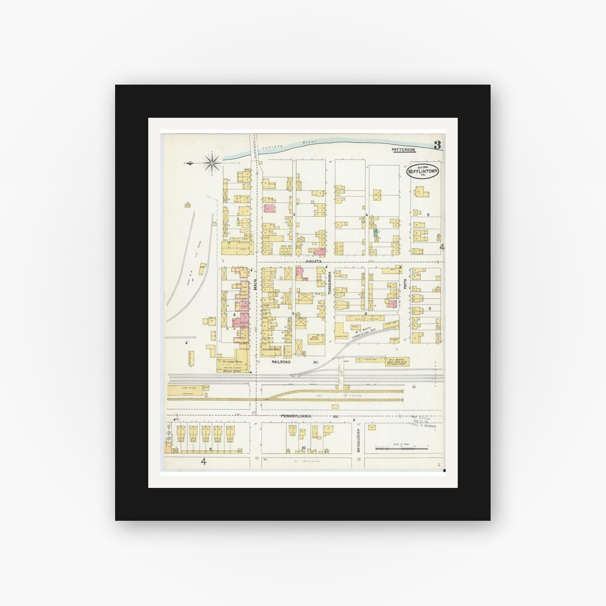 Old map wall art mockup — black gallery frame with white mat — Sanborn Fire Insurance Map from Mifflintown, Juniata County, Pennsylvania (1904), Sheet #0003
